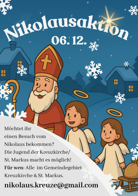 Nikolaus Werbebild. Ein Nikolaus mit zwei Engeln im Gefolge. Wenden Sie sich beim Interesse am 06.12. einen Nikolaus zu Besuch zu bekommen an nikolaus.kreuze@gmail.com